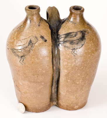 Very Rare NEW HAVEN, Connecticut Stoneware Gemel w/ Incised Birds