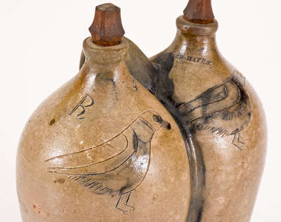 Very Rare NEW HAVEN, Connecticut Stoneware Gemel w/ Incised Birds