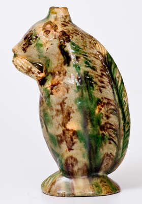 Rare Moravian Redware Squirrel Bottle w/ Tortoiseshell Glaze, Salem, NC