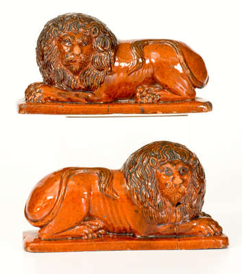 Pair of Glazed Redware Lion Figures, probably PA origin, mid 19th century