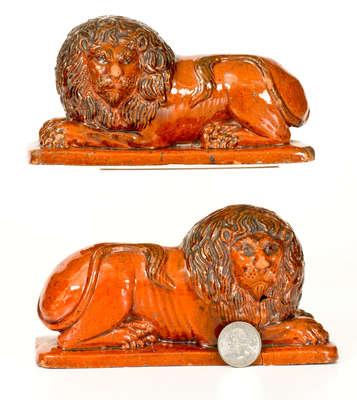 Pair of Glazed Redware Lion Figures, probably PA origin, mid 19th century