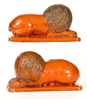 Pair of Glazed Redware Lion Figures, probably PA origin, mid 19th century