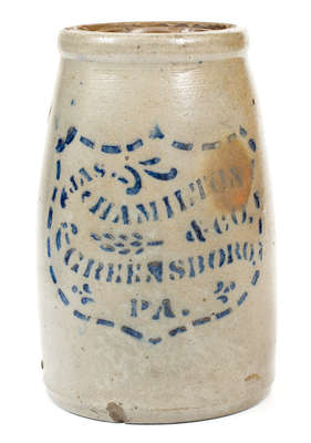 JAS. HAMILTON & CO. / GREENSBORO, PA Stoneware Canning Jar w/ Stenciled Shield Decoration