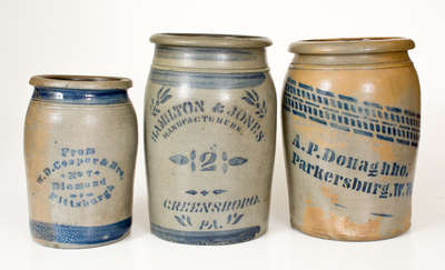 Three Cobalt-Stenciled Stoneware Jars, Western PA or WV origin, circa 1875