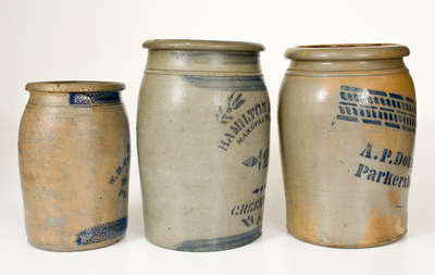 Three Cobalt-Stenciled Stoneware Jars, Western PA or WV origin, circa 1875