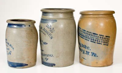 Three Cobalt-Stenciled Stoneware Jars, Western PA or WV origin, circa 1875