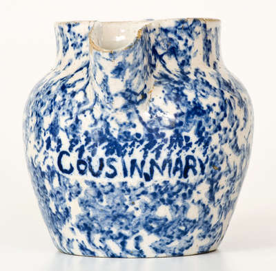 Rare Spongeware Presentation Pitcher, Inscribed "COUSIN MARY"