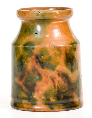 Rare Small-Sized Multi-Glazed Shenandoah Valley Redware Canister, attrib. J. Eberly