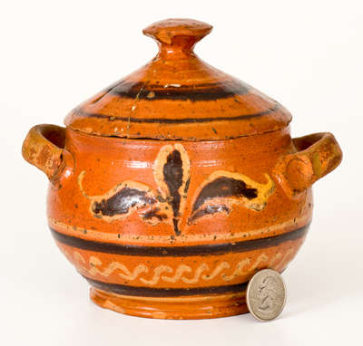 Extremely Rare Alamance County, NC Lidded Redware Sugar Bowl w/ Two-Color Slip Decoration