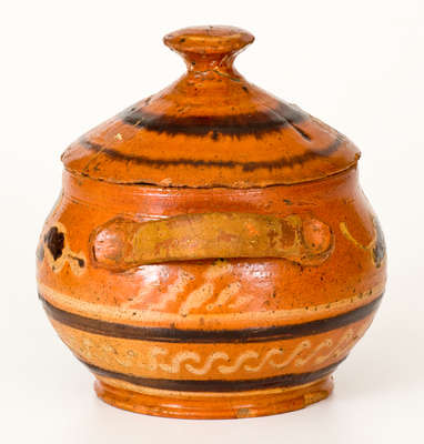 Extremely Rare Alamance County, NC Lidded Redware Sugar Bowl w/ Two-Color Slip Decoration