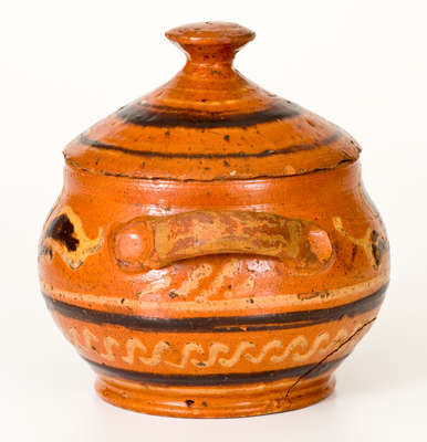 Extremely Rare Alamance County, NC Lidded Redware Sugar Bowl w/ Two-Color Slip Decoration