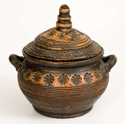 Lidded Redware Sugar Bowl with Impressed Decoration, 19th century