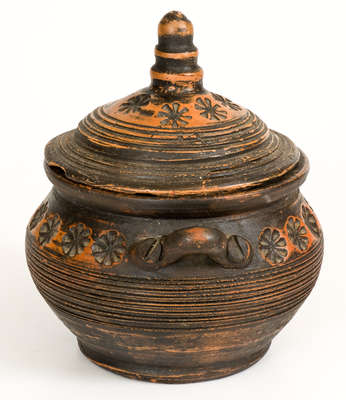 Lidded Redware Sugar Bowl with Impressed Decoration, 19th century