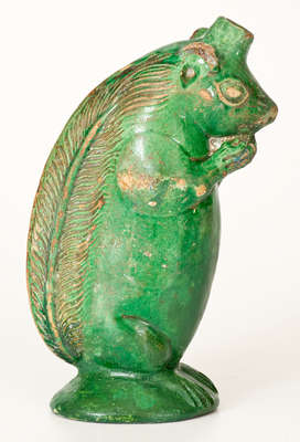 Rare Moravian Copper-Glazed Redware Squirrel Bottle, Salem, NC origin, circa 1801-29