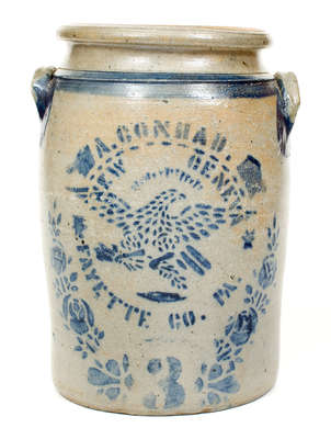 A. CONRAD / NEW GENEVA / FAYETTE CO. PA. Stenciled Eagle Stoneware Jar