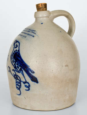 Extremely Rare BROOKLYN, MICHIGAN Stoneware Advertising Bird Jug by S. Hart, Fulton, NY