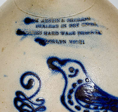 Extremely Rare BROOKLYN, MICHIGAN Stoneware Advertising Bird Jug by S. Hart, Fulton, NY