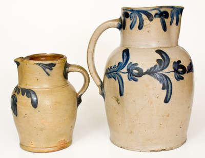 Two Mid-Atlantic Stoneware Pitchers w/ Cobalt Floral Decoration