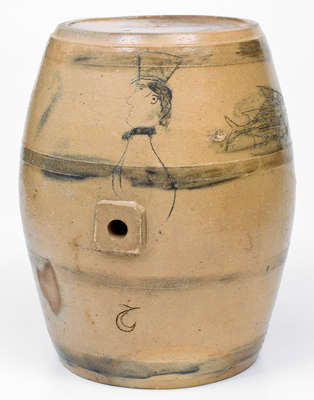 Very Rare Ohio Stoneware Cooler w/ Incised Gentleman s Profile and Fish Motifs, c1830