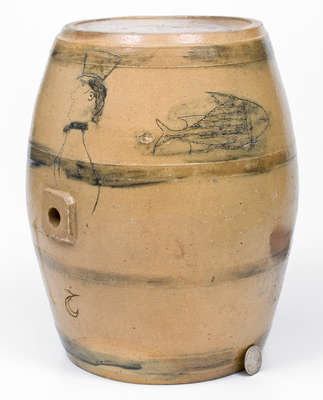 Very Rare Ohio Stoneware Cooler w/ Incised Gentleman s Profile and Fish Motifs, c1830