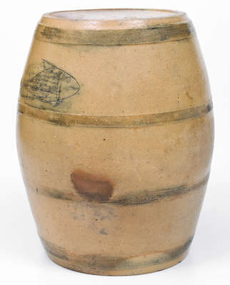 Very Rare Ohio Stoneware Cooler w/ Incised Gentleman's Profile and Fish Motifs, c1830