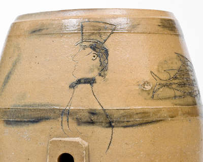 Very Rare Ohio Stoneware Cooler w/ Incised Gentleman's Profile and Fish Motifs, c1830