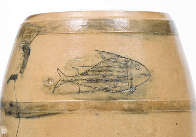 Very Rare Ohio Stoneware Cooler w/ Incised Gentleman s Profile and Fish Motifs, c1830