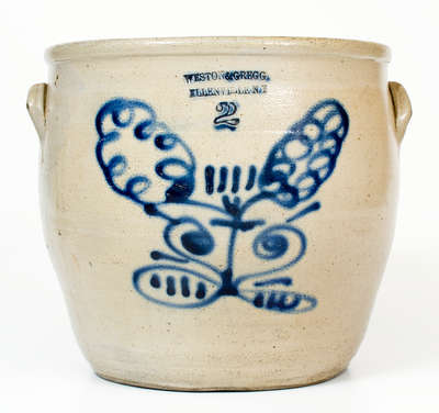 WESTON & GREGG / ELLENVILLE, NY Stoneware Jar w/ Cobalt "Rabbit Face" Decoration