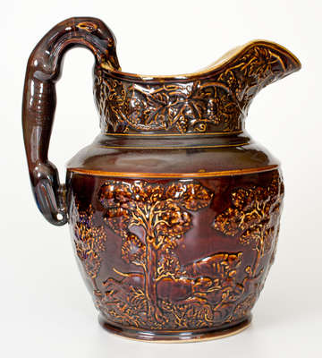 Rare Large-Sized Stoneware Hunt Scene Pitcher att. American Pottery Company, Jersey City, NJ, circa 1838-50