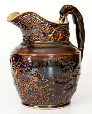 Rare Large-Sized Stoneware Hunt Scene Pitcher att. American Pottery Company, Jersey City, NJ, circa 1838-50