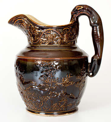 Rare Large-Sized Stoneware Hunt Scene Pitcher att. American Pottery Company, Jersey City, NJ, circa 1838-50