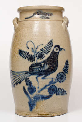 Five-Gallon WHITE S UTICA Stoneware Churn w/ Elaborate Cobalt Bird-and-Floral Decoration
