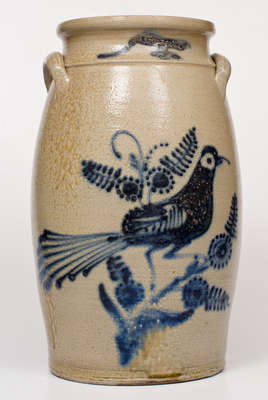 Five-Gallon WHITE S UTICA Stoneware Churn w/ Elaborate Cobalt Bird-and-Floral Decoration
