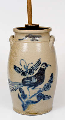 Five-Gallon WHITE S UTICA Stoneware Churn w/ Elaborate Cobalt Bird-and-Floral Decoration