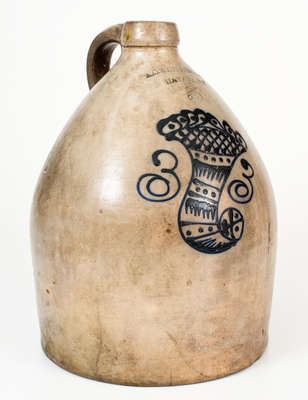 Rare Three-Gallon A.O. WHITTEMORE / HAVANA. N.Y. Stoneware Jug w/ Cobalt Cornucopia