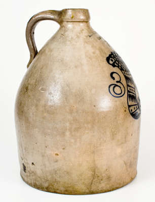 Rare Three-Gallon A.O. WHITTEMORE / HAVANA. N.Y. Stoneware Jug w/ Cobalt Cornucopia