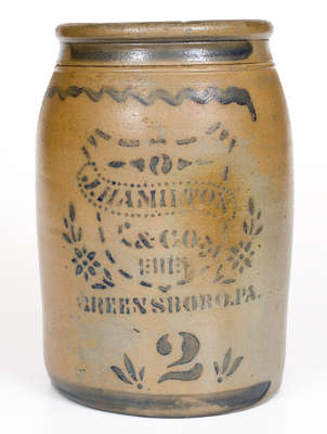 Two-Gallon J. HAMILTON & CO. / GREENSBORO, PA Cobalt-Decorated Stoneware Jar