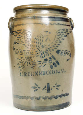 Four-Gallon JAS. HAMILTON & CO. / GREENSBORO, PA Stoneware w/ Stenciled Eagle Motif