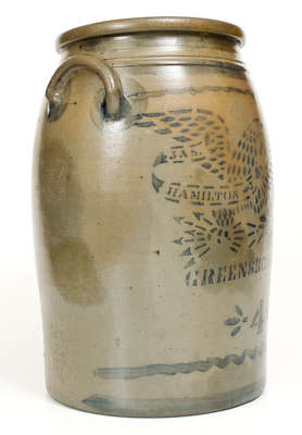 Four-Gallon JAS. HAMILTON & CO. / GREENSBORO, PA Stoneware w/ Stenciled Eagle Motif