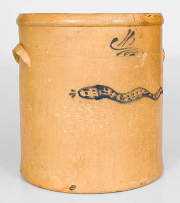 Rare Four-Gallon Ohio Stoneware Crock with Cobalt Snake Decoration