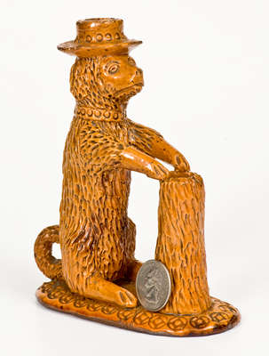 Rare Pennsylvania Redware Hatted Dog w/ Stump Figural, circa 1850-1880