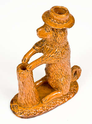 Rare Pennsylvania Redware Hatted Dog w/ Stump Figural, circa 1850-1880