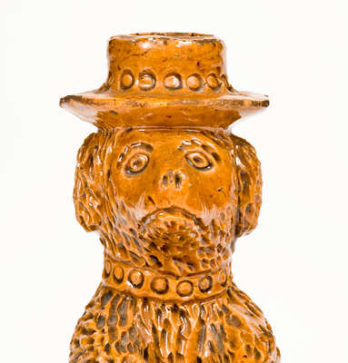 Rare Pennsylvania Redware Hatted Dog w/ Stump Figural, circa 1850-1880