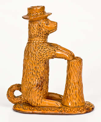 Rare Pennsylvania Redware Hatted Dog w/ Stump Figural, circa 1850-1880