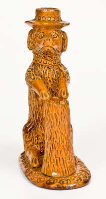 Rare Pennsylvania Redware Hatted Dog w/ Stump Figural, circa 1850-1880