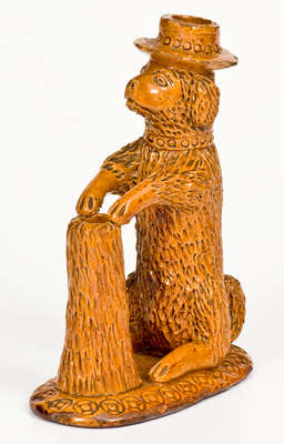 Rare Pennsylvania Redware Hatted Dog w/ Stump Figural, circa 1850-1880
