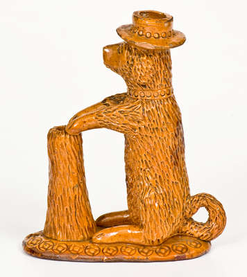 Rare Pennsylvania Redware Hatted Dog w/ Stump Figural, circa 1850-1880