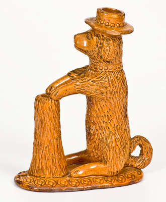 Rare Pennsylvania Redware Hatted Dog w/ Stump Figural, circa 1850-1880