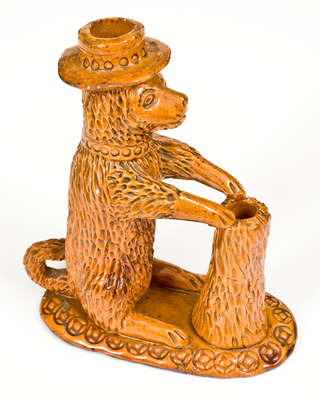 Rare Pennsylvania Redware Hatted Dog w/ Stump Figural, circa 1850-1880