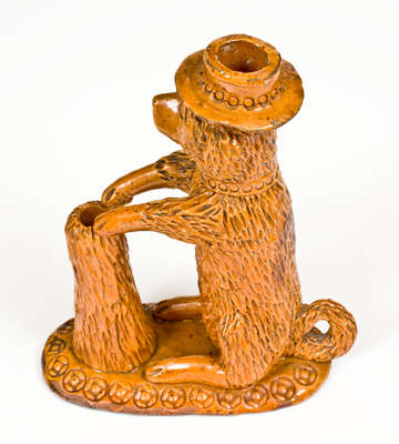 Rare Pennsylvania Redware Hatted Dog w/ Stump Figural, circa 1850-1880